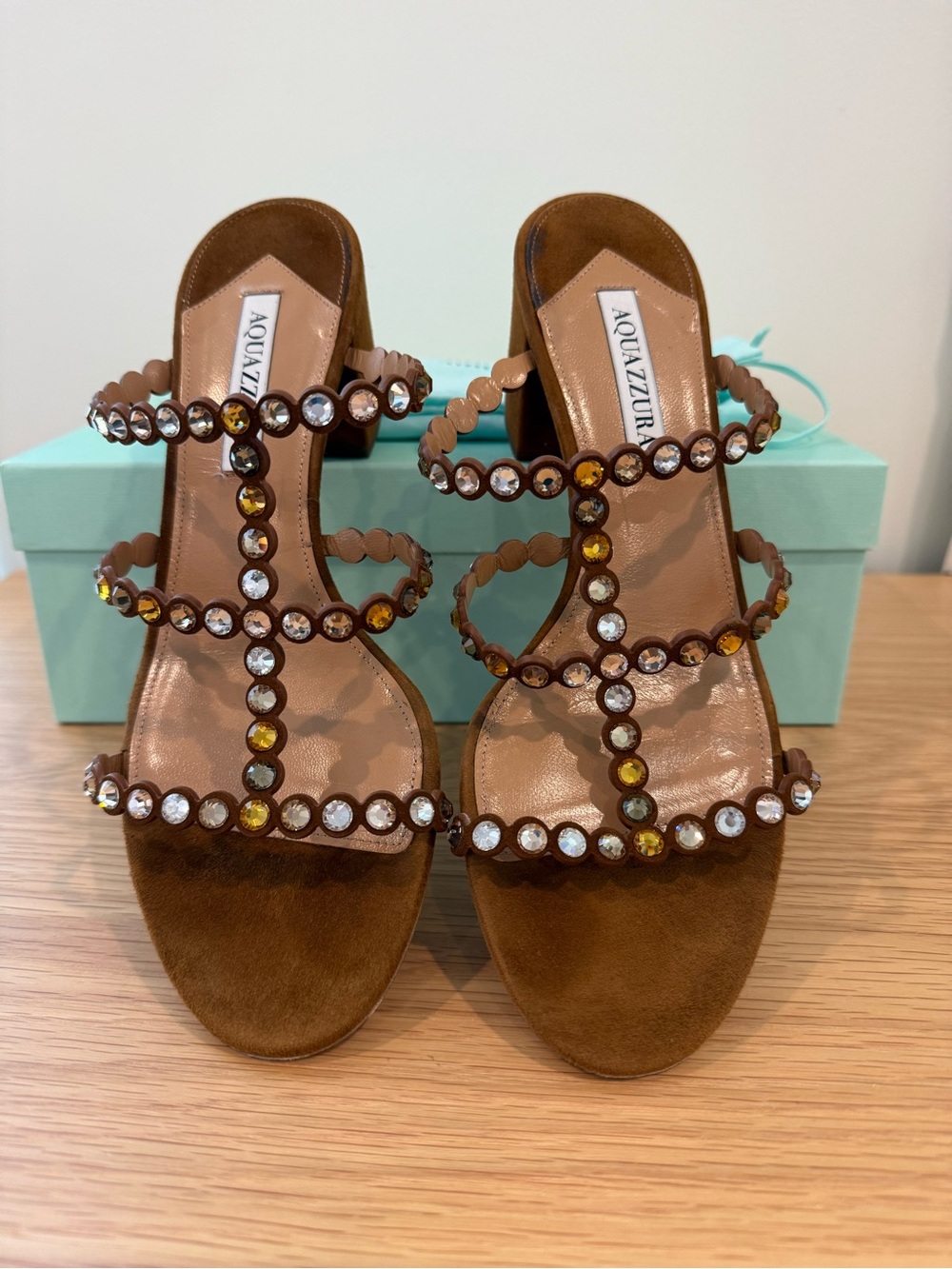 Aquazzura Tequila Sandal 50mm Block Heel Cognac size 40 Crystal embellished